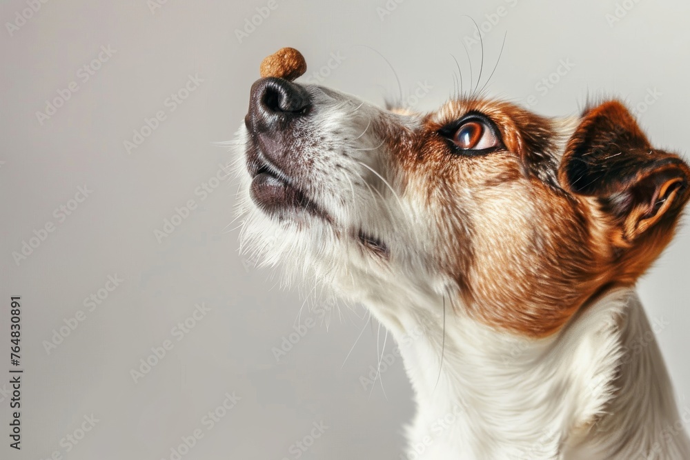 A dog showing incredible self-restraint as it patiently waits for a command, treat balanced on its snout A dog showing incredible self-restraint as it patiently waits for a command, treat balanced on its snout