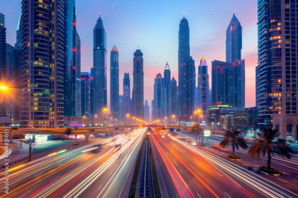 Fototapeta premium A twilight capture of urban traffic with light trails in a modern cityscape setting