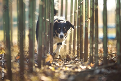 A playful and inquisitive dog looks through wooden slats with fallen leaves around, giving a sense of autumn exploration and wonder