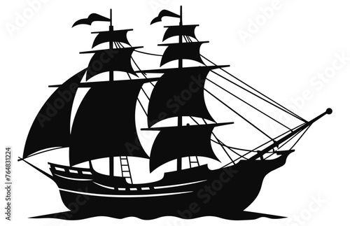 Silhouette of a Pirate Ship, Pirate boats and Old different Wooden Ships with Fluttering Flags 