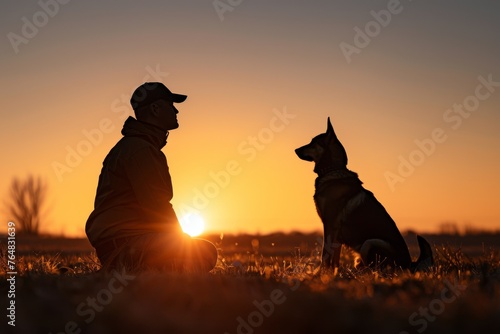 A serene image capturing the bond between a person and their dog against the backdrop of a beautiful sunset  conveying companionship
