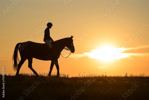 Equestrian rider on a horse in a silhouette against the sunset, epitomizing the beauty of horseback riding