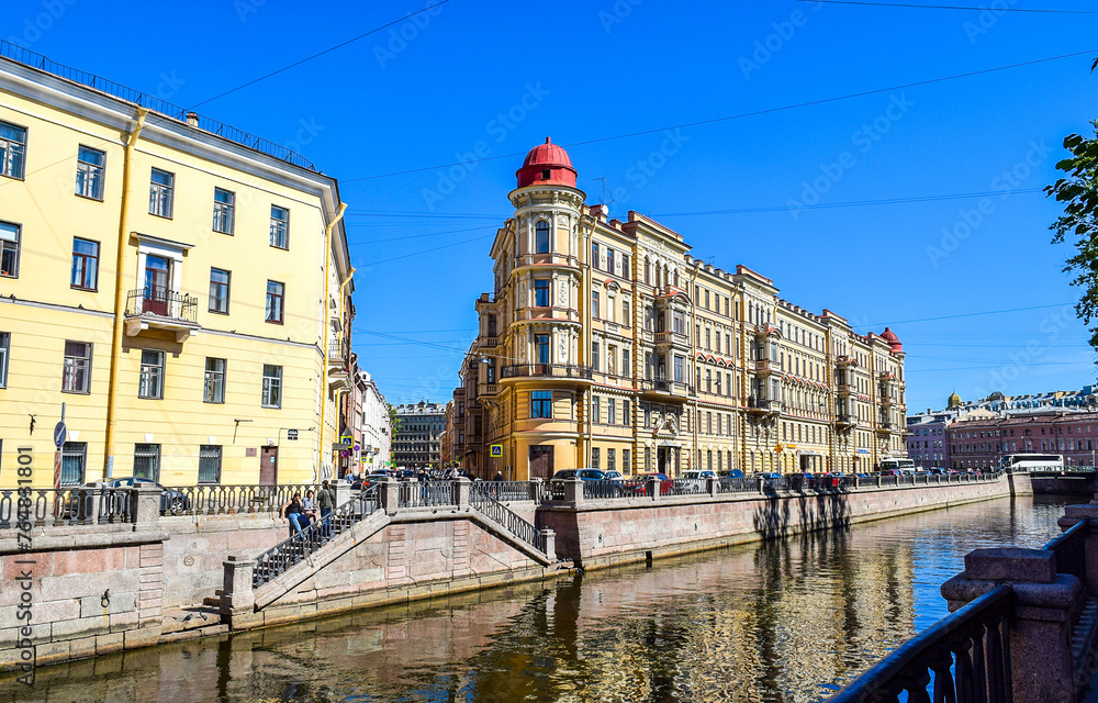 City river houses in Saint Petersburg, Russia