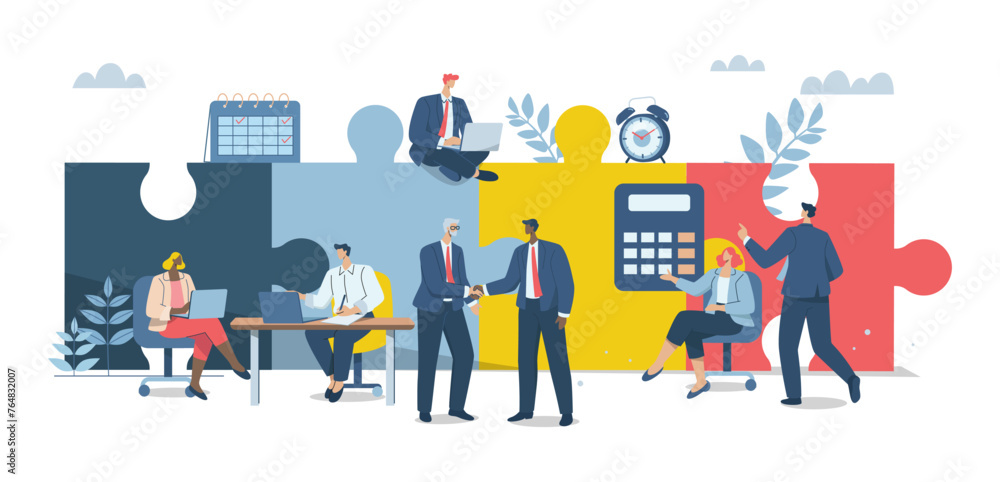 Effective teamwork, Problem solving, or ways to improve, career development concept, Symbol of teamwork, Business people work together to complete jigsaw puzzle in harmony. Vector design illustration.