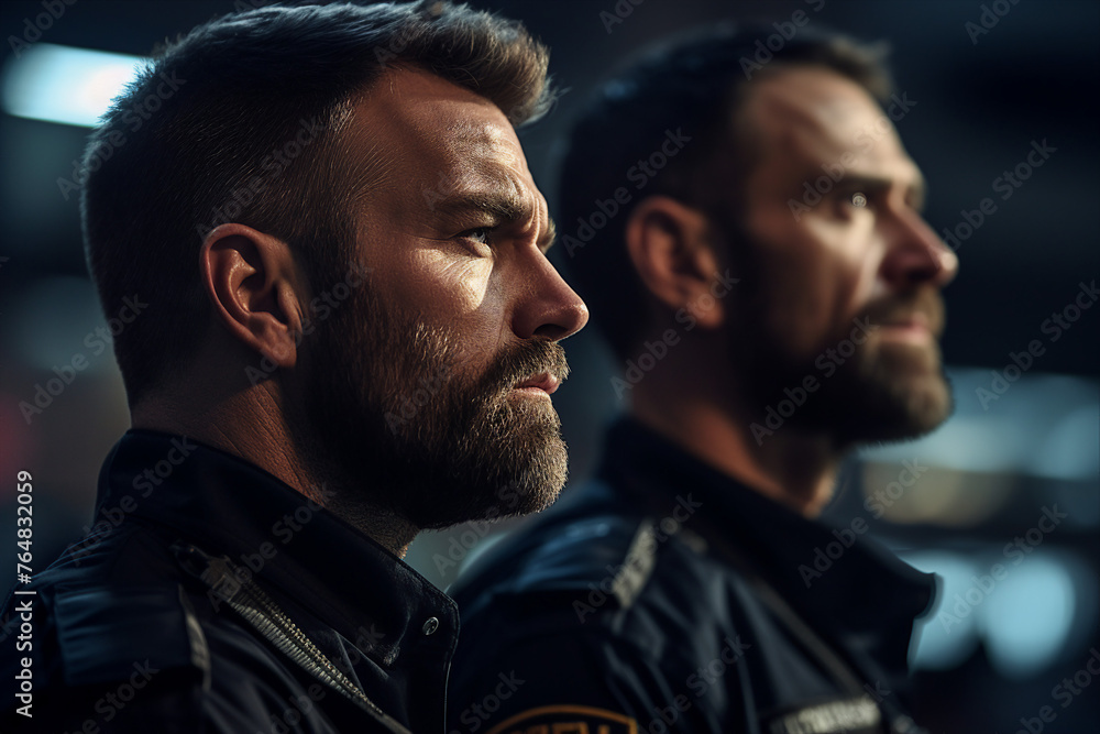 Obraz premium Fictional person Police man woman made with Ai generative technology serious face expression