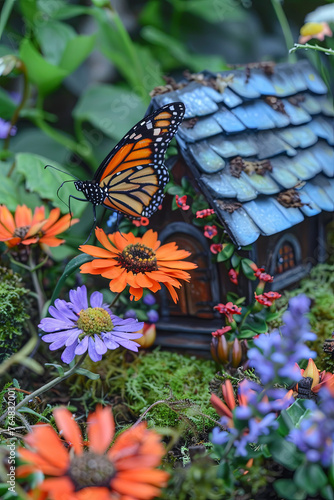Monarch orange butterfly and bright summer flowers against a backdrop of blue foliage in a fairy garden
