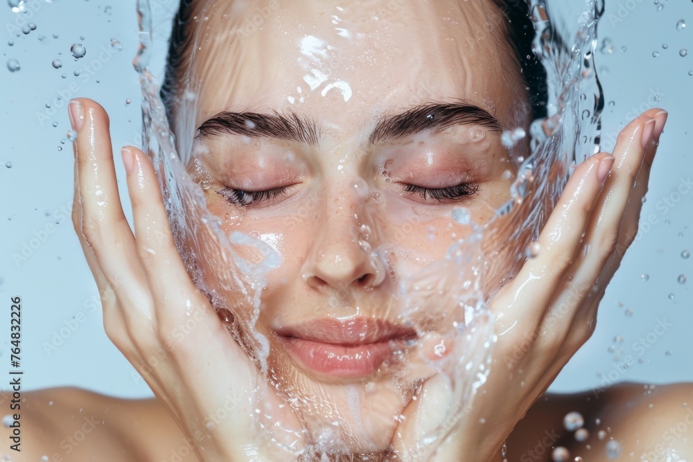 Precision image of splashing water on a woman's face conveying refreshment, hydration, and skincare Precision image of splashing water on a woman's face conveying refreshment, hydration, and skincare