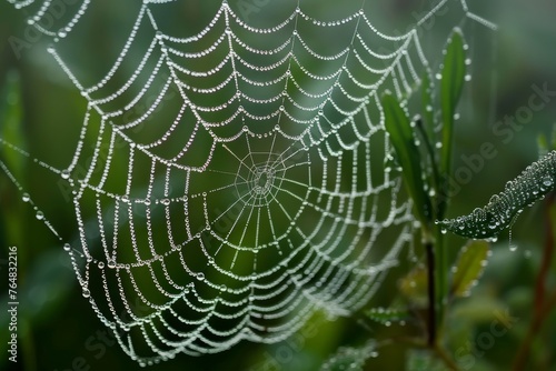 Crisp morning scene capturing a dew-laden spider’s web among fresh green foliage, embodying nature's artistry