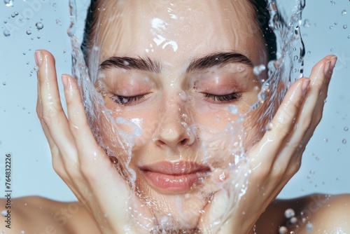 Precision image of splashing water on a woman s face conveying refreshment  hydration  and skincare