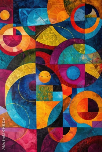 Colorful and modern abstract art featuring geometric shapes and circles with textures