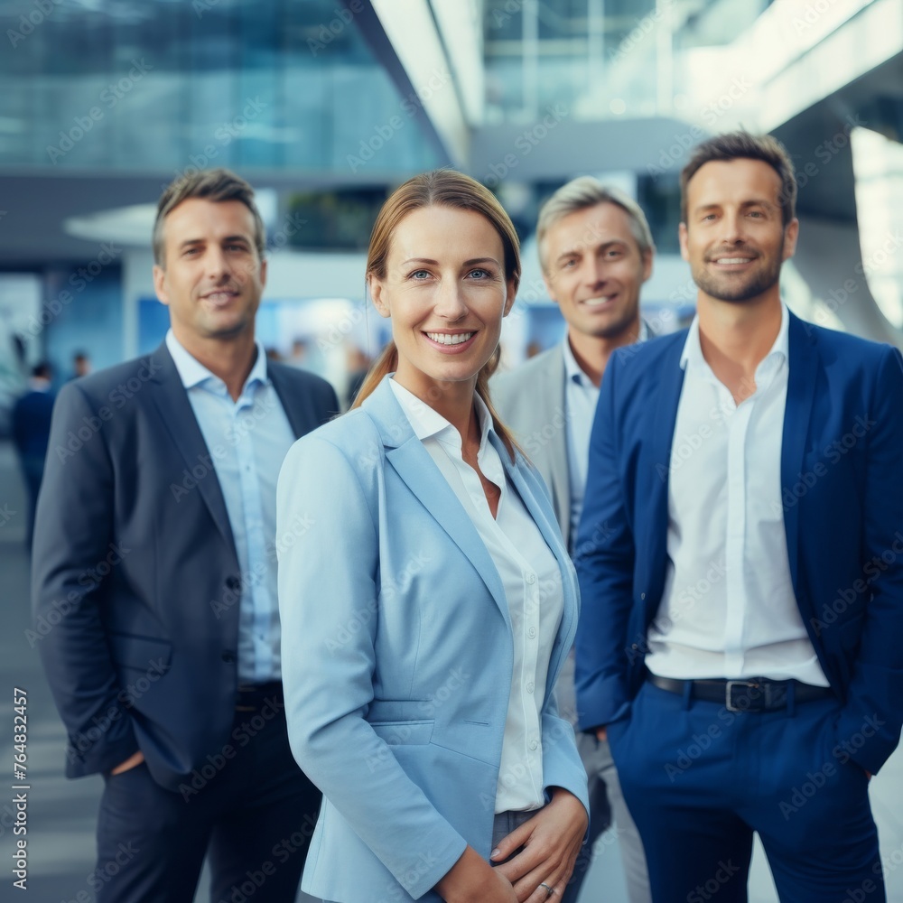 a diverse business team, dressed in formal dark blue and green suits, as they smile against a backdrop of office building. a diverse business team, dressed in formal dark blue and green suits, as they smile against a backdrop of office building.