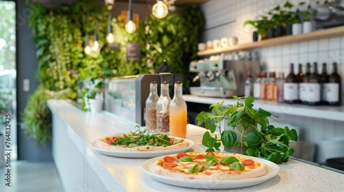 A health-conscious cafÃ© offering a selection of gluten-free and vegan pizzas. The pizzas, 