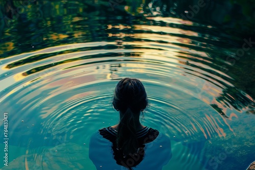 Back view of a person sitting calmly by the water's edge, rippling the surface