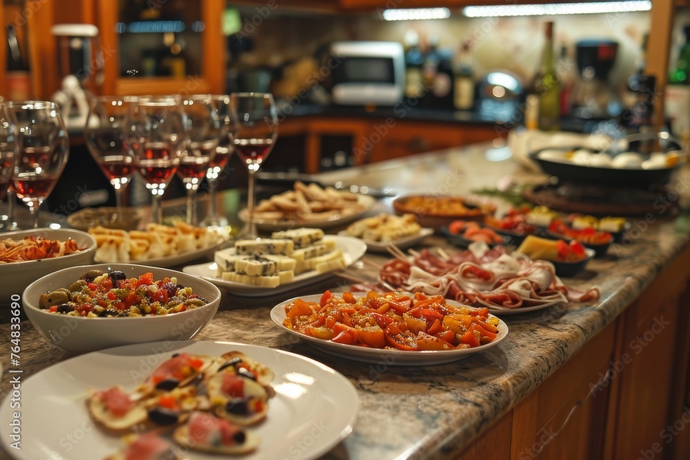 Fototapeta premium An abundance of gourmet food artfully laid out on a kitchen table, ready for a special festivity