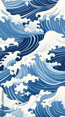 water waves pattern, japnese style, illustration сreated with Generative Ai © Andrii Yablonskyi