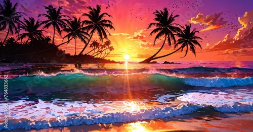 This image captures the serene harmony of a sunset on a tropical shore, with waves gently caressing the sand. The sky is ablaze with warm hues, reflecting on the water's surface. AI generation © Anastasiia