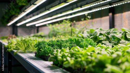 A high-tech urban farm, where vegetables are grown hydroponically under LED lights. 