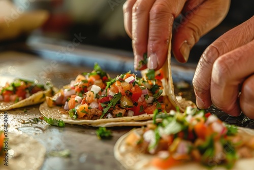 Fresh vegetable ingredients being added meticulously to a taco on a table, highlighting the preparation process photo