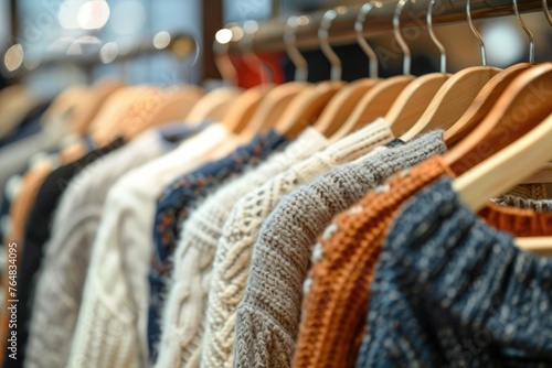 A row of sweaters on wooden hangers, possibly in a clothing store with a soft-focused, blurred background that suggests a retail shopping environment
