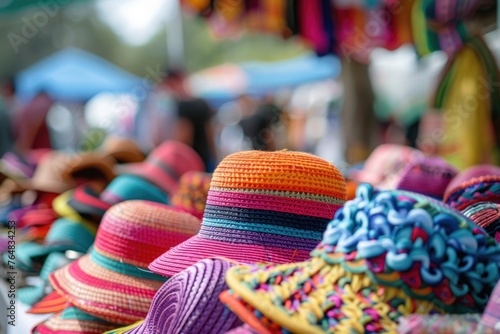An assortment of colorful hats displayed on a table, likely at an outdoor market, with people visible in the blurred background © romanets_v