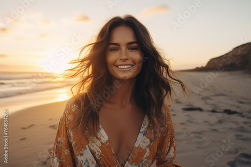 Generative AI portrait of happy charming girl summer vacation sunsrise on tropical beach