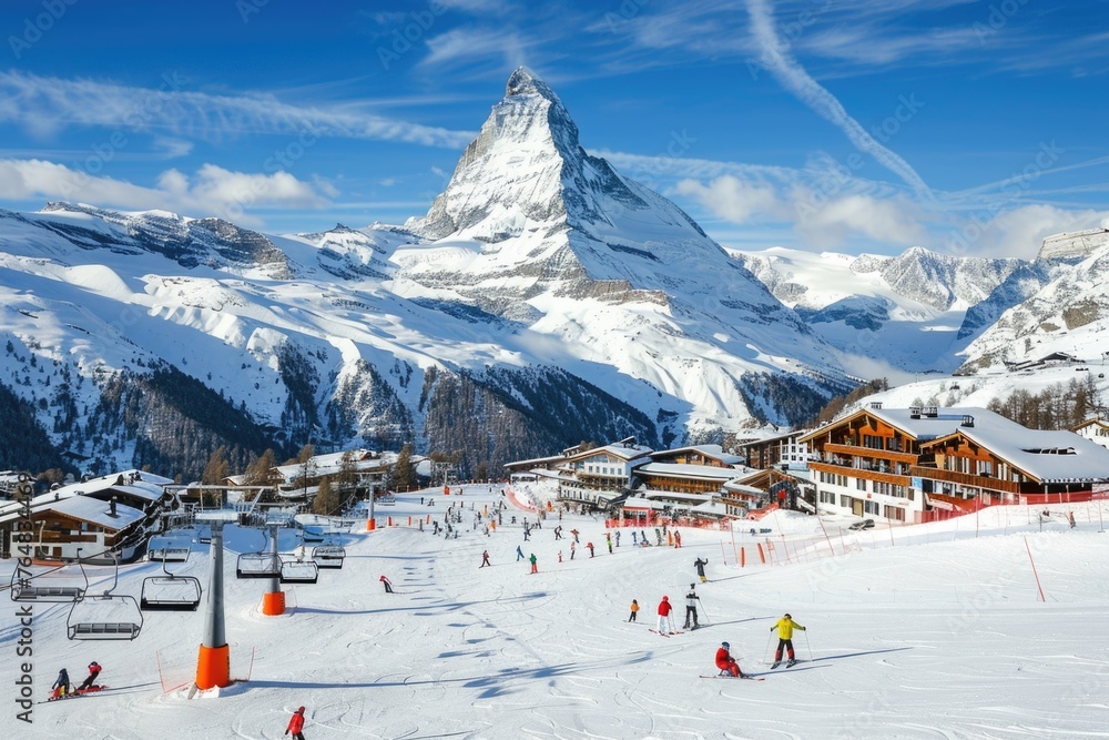 A ski resort in Zermatt, Switzerland, with the iconic Matterhorn mountain in the background, skiers on the slopes, and a ski lift in operation, portraying a vibrant winter sports scene
