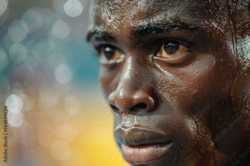 A detailed portrait of a focused and sweating male athlete with a blurred background A detailed portrait of a focused and sweating male athlete with a blurred background