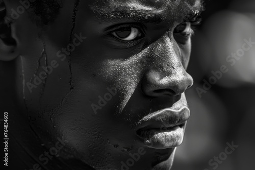 A monochrome portrait capturing the intense gaze and detailed texture of sweat on a young male's face