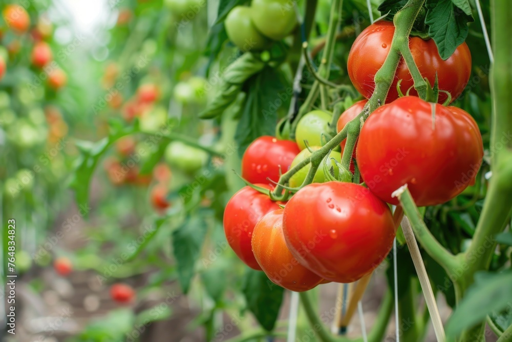 Inside a tomato greenhouse: There are rows of tomato plants laden with fruit in various stages of ripeness, illustrating a lush and productive indoor farming environment