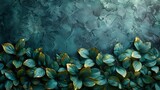 This abstract artistic background combines retro, nostalgic, golden brushstrokes with textured background. Oil on canvas. Modern Art. Floral leaves, green, gray, wallpaper, poster, card, mural,