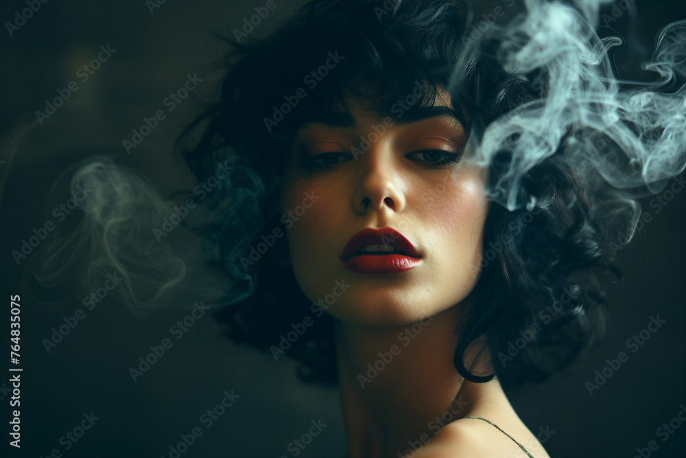 Image of attractive woman smoking cigarette or vape made with generative AI concept Image of attractive woman smoking cigarette or vape made with generative AI concept