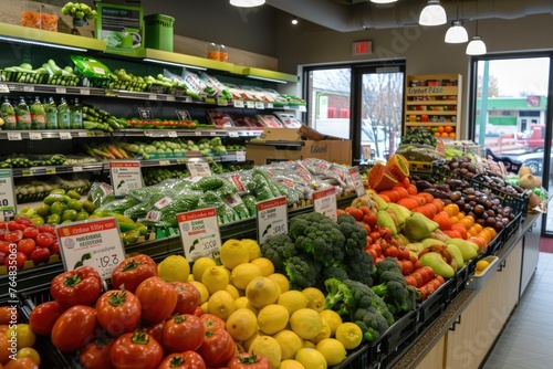 Produce section of a grocery store: The counter is stocked with a colorful assortment of fresh fruits and vegetables in an eco-products store, highlighting a variety of healthy food options available