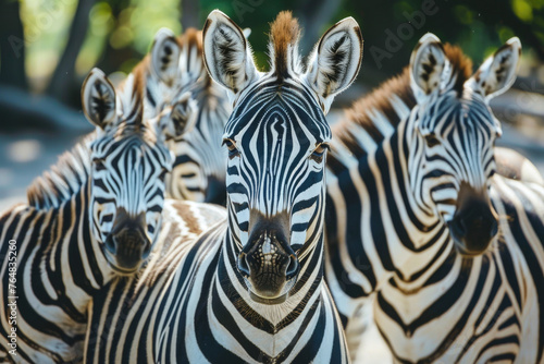 A group of zebras gathered in a natural habitat  with a focus on their distinctive black and white striped patterns