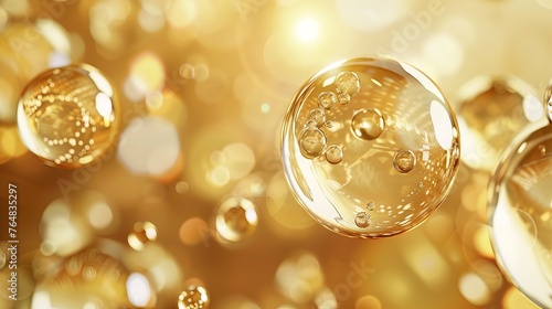 A depiction of gold beauty serum bubbles, emphasizing the luxurious and elegant aspect of cosmetic products
