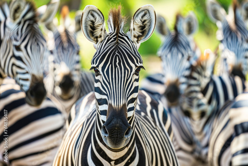 A group of zebras gathered in a natural habitat  with a focus on their distinctive black and white striped patterns