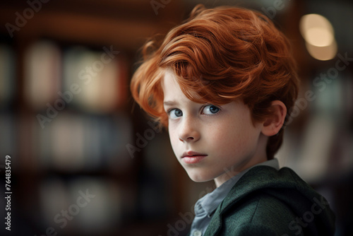 Generated with AI image of boy in library concept of studying back to school and education