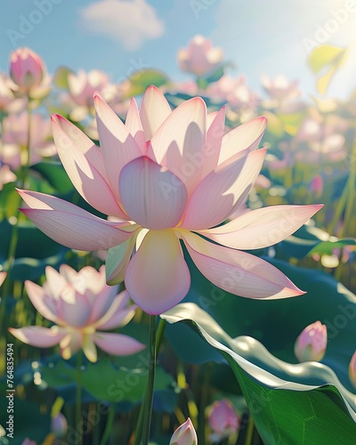 Summer  sunny noon  lotus flower in full bloom  closeup  vibrant colors captured in brilliant sunlight