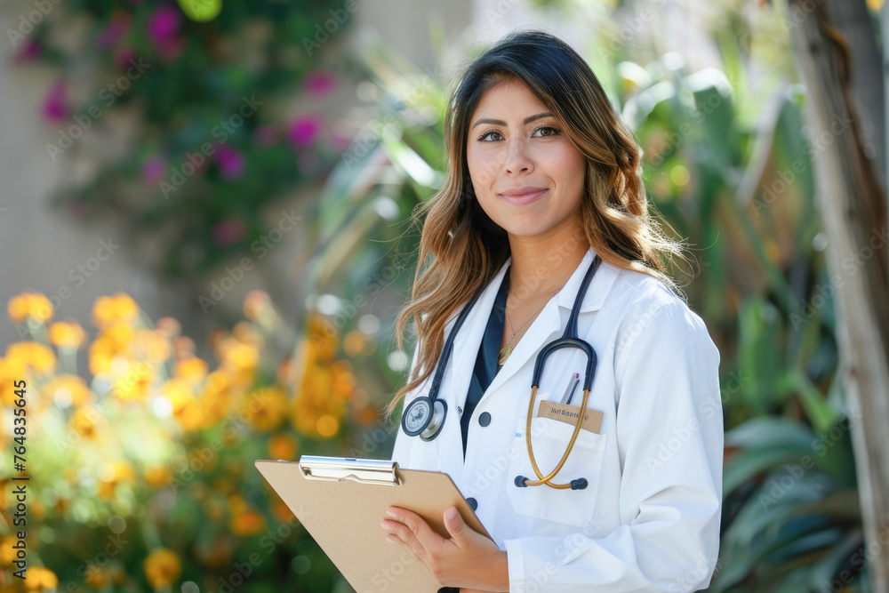 A portrait of a young, confident Latina medical professional, wearing a white coat with a stethoscope, holding a clipboard, likely representing a doctor or a nurse in a clinical setting A portrait of a young, confident Latina medical professional, wearing a white coat with a stethoscope, holding a clipboard, likely representing a doctor or a nurse in a clinical setting