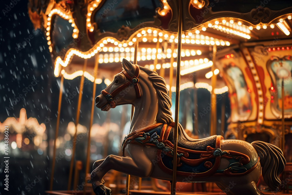 Carousel horse at the amusement park in the night made with generative AI