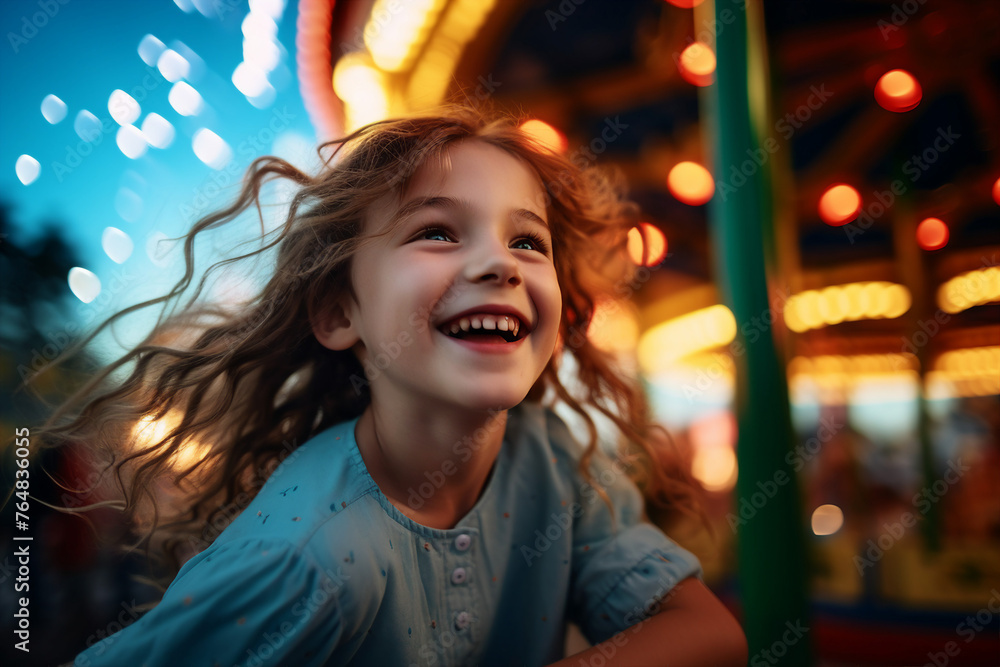 Generated AI image of happy young girl having fun on a carousel at an amusement park Generated AI image of happy young girl having fun on a carousel at an amusement park