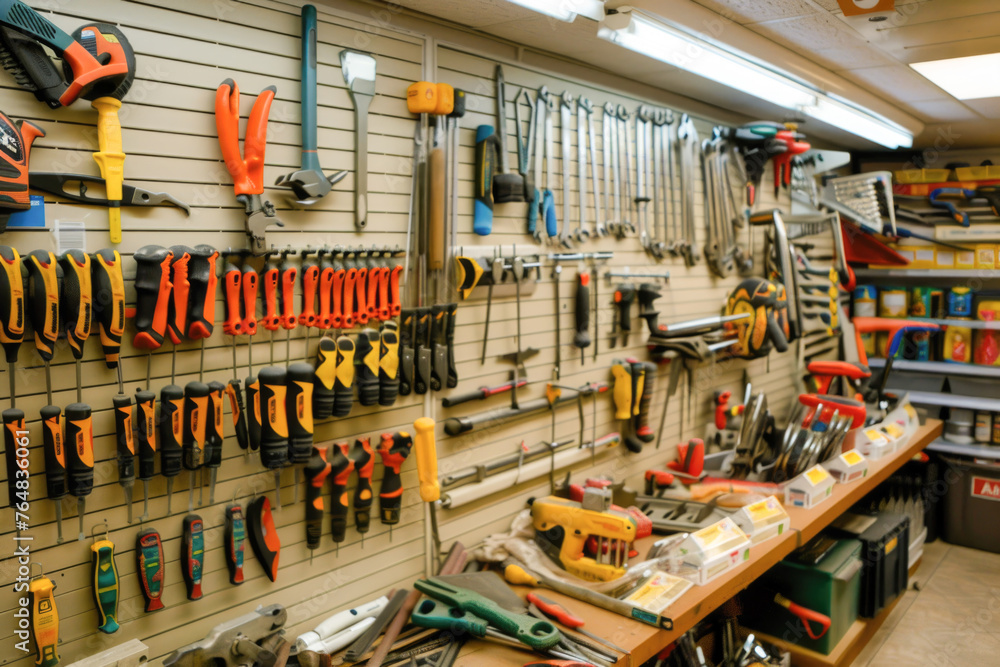 An assortment of hand tools and hardware displayed on a store wall, indicating a hardware store or home improvement section - obrazy, fototapety, plakaty 