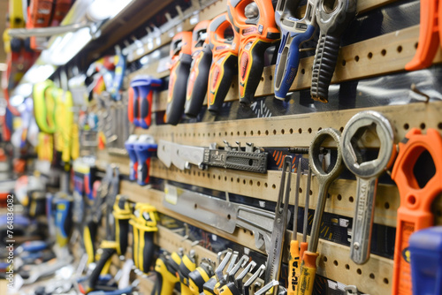 An assortment of hand tools and hardware displayed on a store wall, indicating a hardware store or home improvement section photo