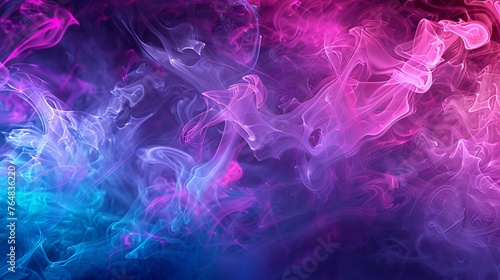 A neon smoke texture created by the ink water splash technique, featuring an aura haze in fluorescent light purple, pink, and blue gradient colors