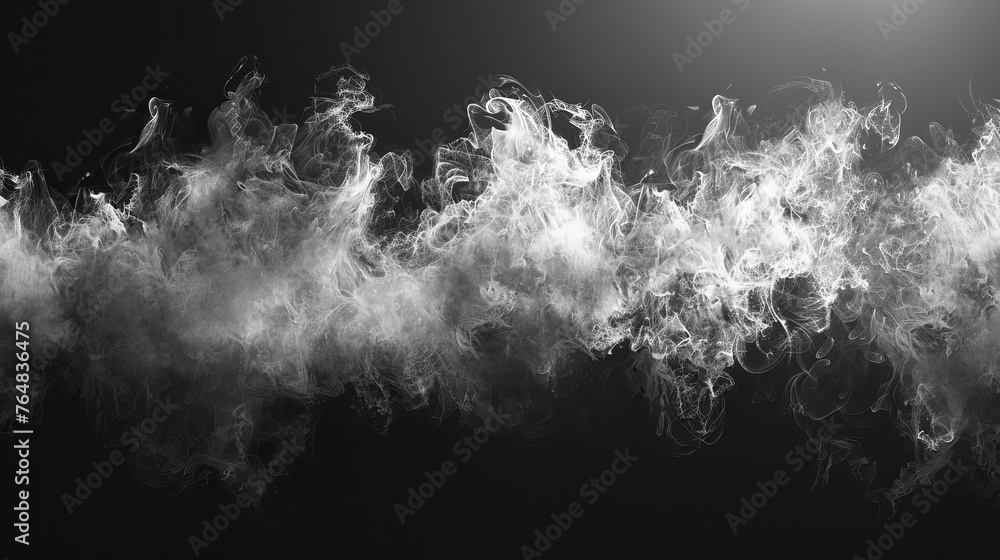 A panoramic scene filled with white cloudiness, mist, or smog against a black background, creating a swirling gray smoke effect suitable for logos or as a horizontal wallpaper