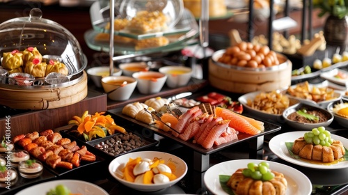 A luxurious breakfast buffet in a high-end hotel, with an array of international dishes from dim sum 