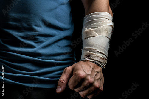 Generated AI image of post surgery bandaged male hand