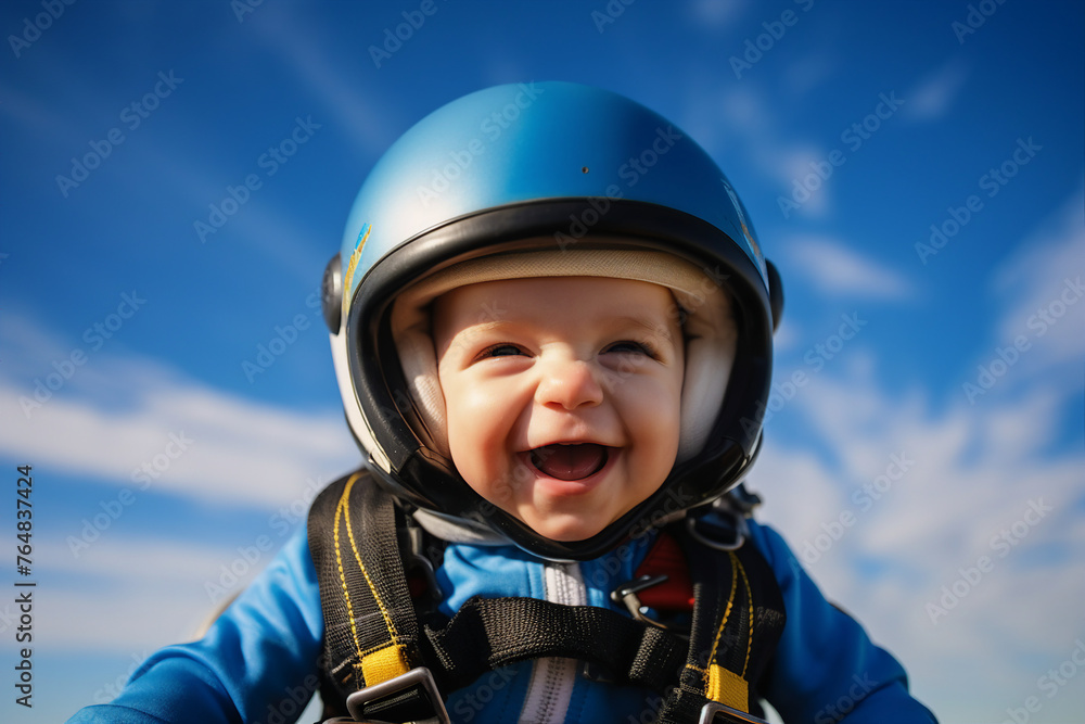 AI generated image of cute funny sweet baby skydiver flying in blue sky AI generated image of cute funny sweet baby skydiver flying in blue sky