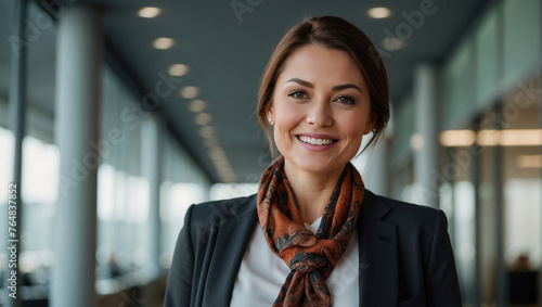 Lächelnde Geschäftsfrau mit stilvollem Halstuch im modernen Bürokomplex