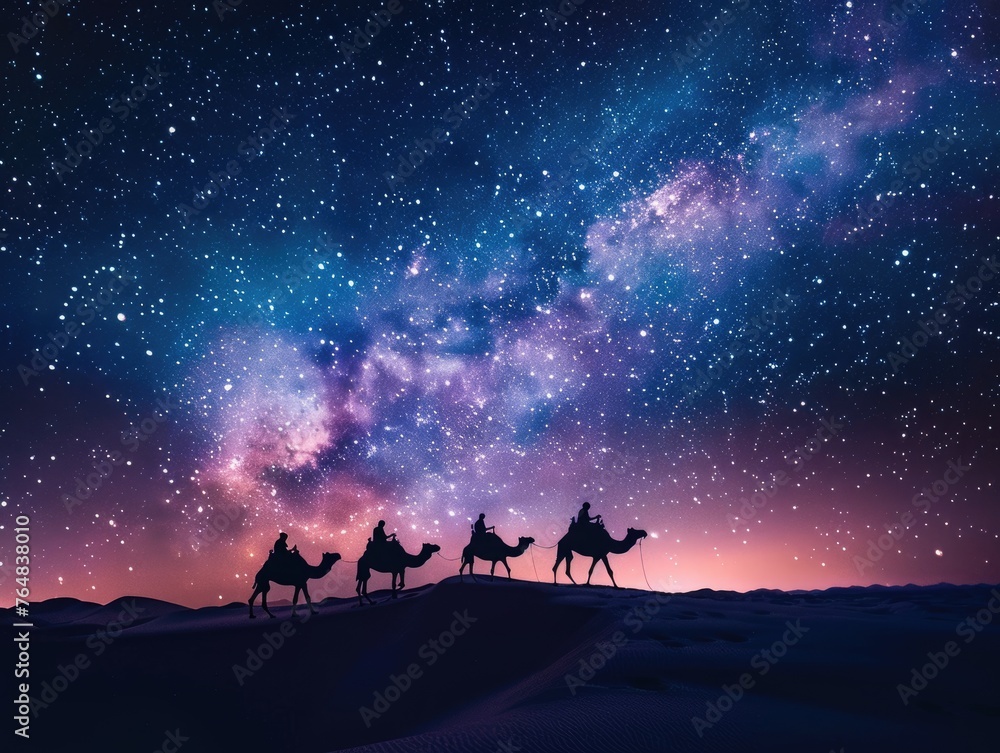 A traditional camel caravan traverses the desert under a mesmerizing starry sky, evoking a sense of adventure and tranquility.
