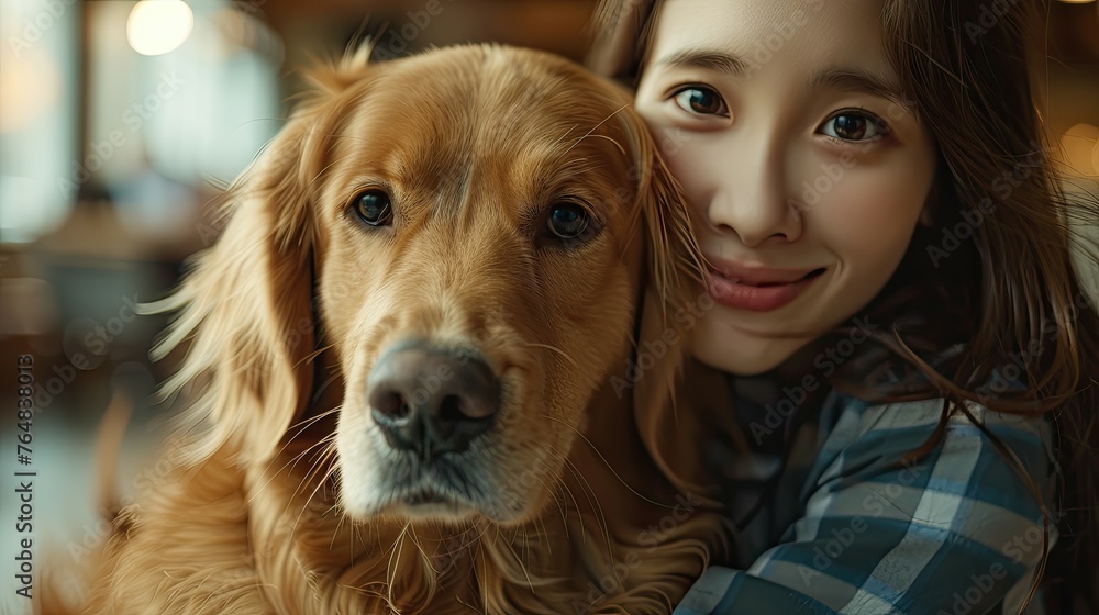 A girl in a cozy embrace with her golden retriever, conveying love and friendship.